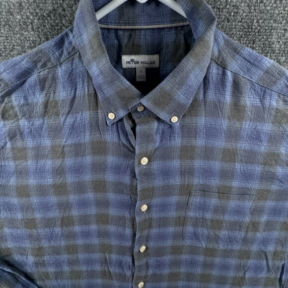 Peter Millar Soft Lightweight Button Up Shirt Men Long Sleeve Blue Gray Plaid - Picture 1 of 12